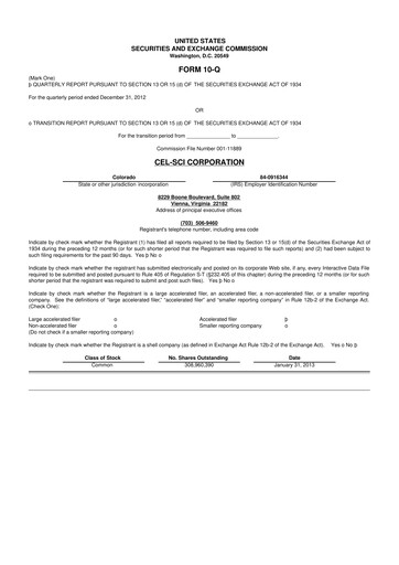 Thumbnail Cel-Sci

 10-Q Quarterly Report FY2013 