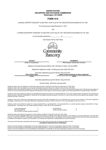 Thumbnail Community Bancorp 10-K Annual Report 2012