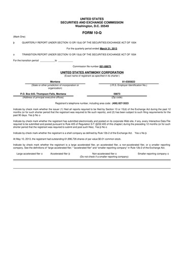 Thumbnail United States Antimony Corporation 10-Q Quarterly Report FY2013 