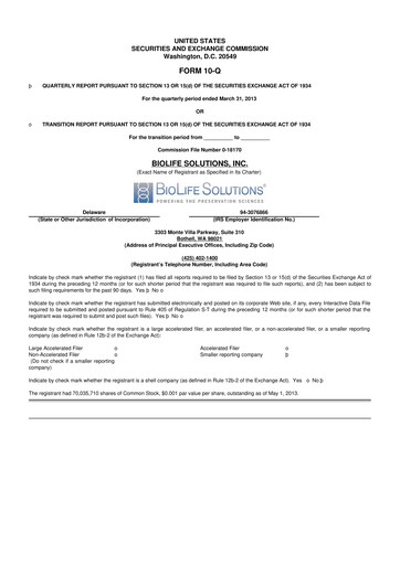 Thumbnail Biolife Solutions
 10-Q Quarterly Report FY2013 