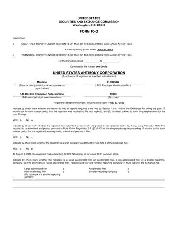 Thumbnail United States Antimony Corporation 10-Q Quarterly Report FY2013 