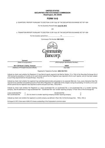 Thumbnail Community Bancorp 10-Q Quarterly Report FY2013 