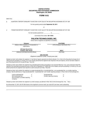 Miniature Palatin Technologies 10-Q Rapport trimestriel 2014 