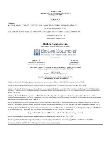 Vorschaubild Biolife Solutions
 10-K Jahresbericht 2013