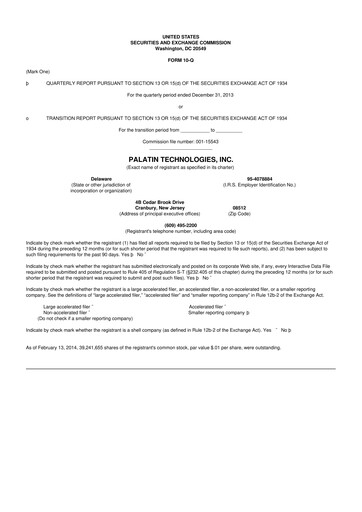 Miniature Palatin Technologies 10-Q Rapport trimestriel 2014 