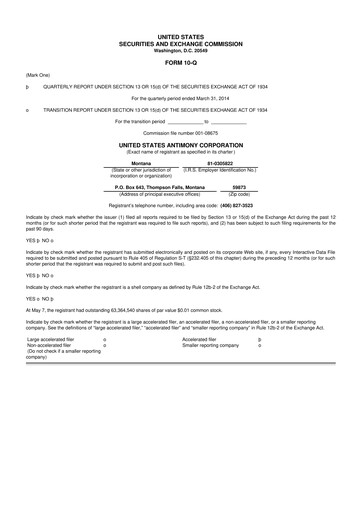Thumbnail United States Antimony Corporation 10-Q Quarterly Report FY2014 