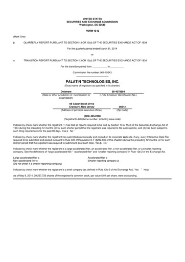 Miniature Palatin Technologies 10-Q Rapport trimestriel 2014 