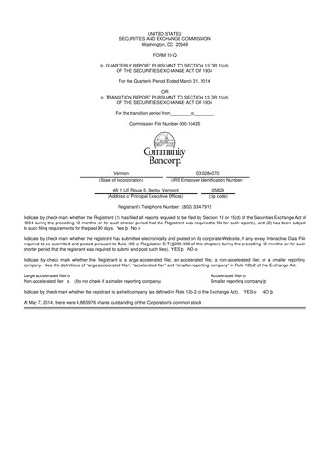 Thumbnail Community Bancorp 10-Q Quarterly Report FY2014 