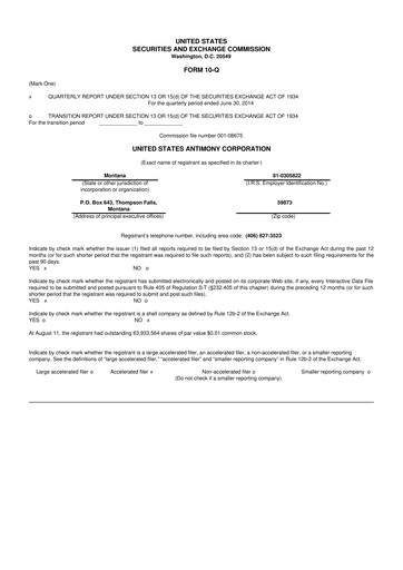 Thumbnail United States Antimony Corporation 10-Q Quarterly Report FY2014 