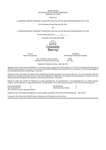 Thumbnail Community Bancorp 10-Q Quarterly Report FY2014 