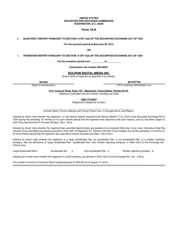 Thumbnail Dolphin Entertainment
 10-Q Quarterly Report FY2013 