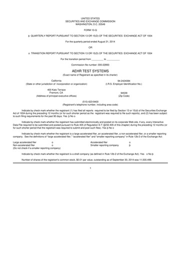 Thumbnail Aehr Test Systems 10-Q Quarterly Report FY2015 