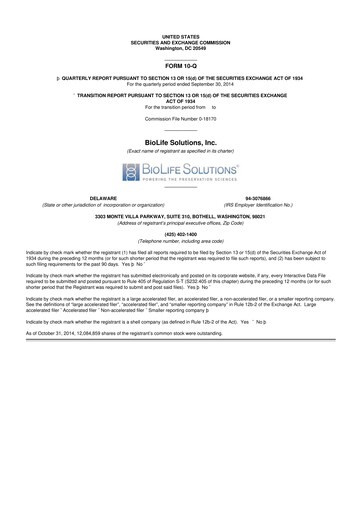 Thumbnail Biolife Solutions
 10-Q Quarterly Report FY2014 