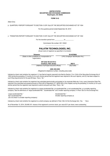 Miniature Palatin Technologies 10-Q Rapport trimestriel 2015 