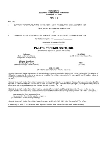 Miniature Palatin Technologies 10-Q Rapport trimestriel 2015 