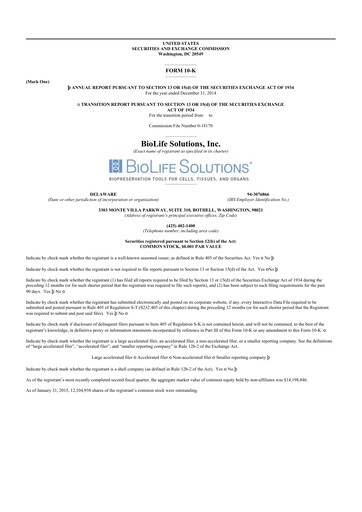 Vorschaubild Biolife Solutions
 10-K Jahresbericht 2014