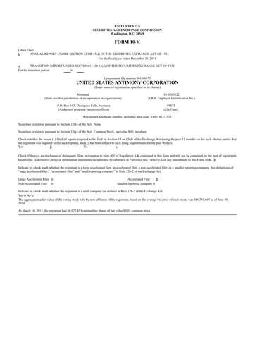 Vorschaubild United States Antimony Corporation 10-K Jahresbericht 2014