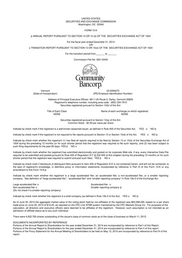 Thumbnail Community Bancorp 10-K Annual Report 2014
