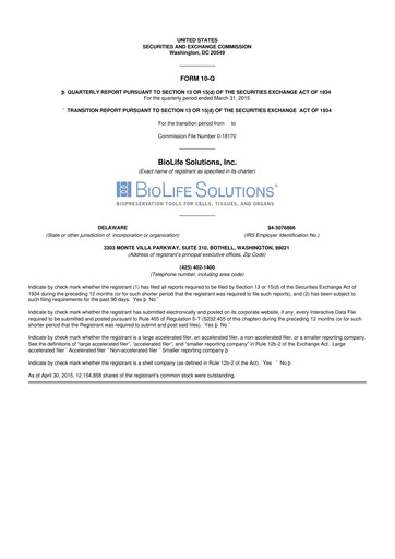 Thumbnail Biolife Solutions
 10-Q Quarterly Report FY2015 