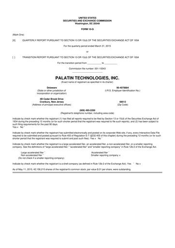Miniature Palatin Technologies 10-Q Rapport trimestriel 2015 