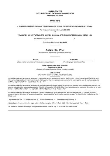 Thumbnail Aemetis 10-Q Quarterly Report FY2015 