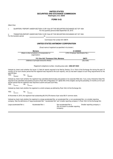 Thumbnail United States Antimony Corporation 10-Q Quarterly Report FY2015 