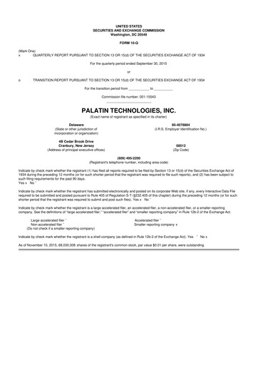 Miniature Palatin Technologies 10-Q Rapport trimestriel 2016 
