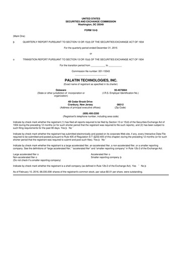 Miniature Palatin Technologies 10-Q Rapport trimestriel 2016 