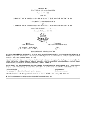 Thumbnail Community Bancorp 10-Q Quarterly Report FY2016 