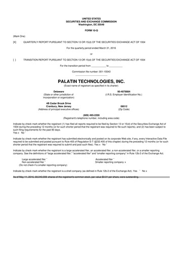 Miniature Palatin Technologies 10-Q Rapport trimestriel 2016 