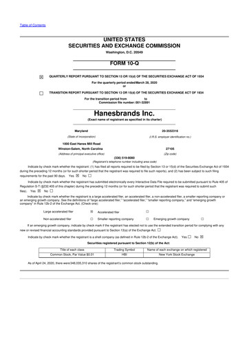 Thumbnail Hanesbrands
 10-Q Quarterly Report FY2020 