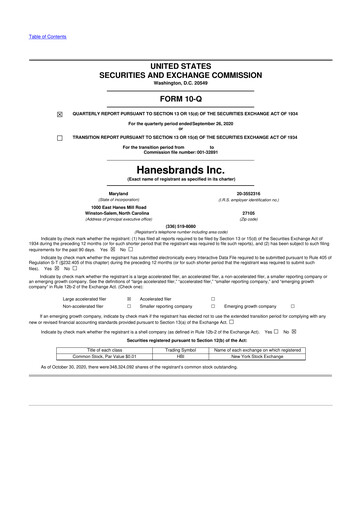Thumbnail Hanesbrands
 10-Q Quarterly Report FY2020 