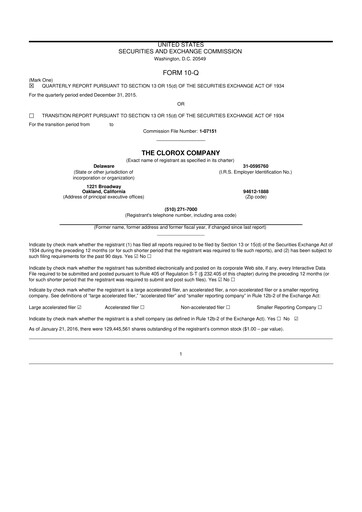 Thumbnail Clorox 10-Q Quarterly Report FY2016 