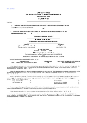 Miniature Evercore 10-Q Rapport trimestriel 2021 