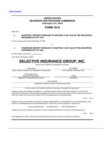 Thumbnail Selective Insurance 10-Q Quarterly Report FY 