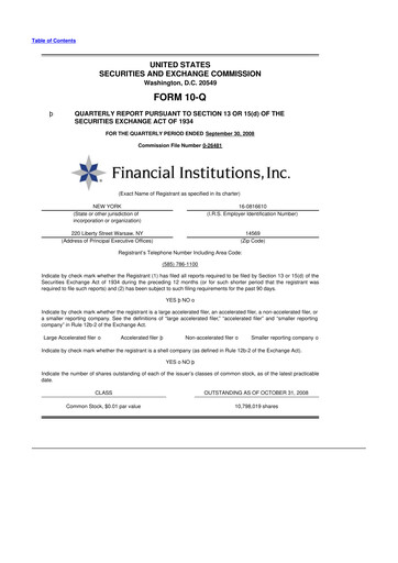 Thumbnail Financial Institutions 10-Q Quarterly Report FY 