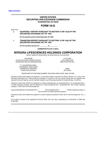 Thumbnail Integra LifeSciences 10-Q Quarterly Report FY 