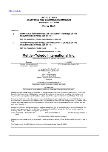Thumbnail Mettler Toledo 10-Q Quarterly Report FY 