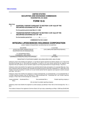 Thumbnail Integra LifeSciences 10-Q Quarterly Report FY 