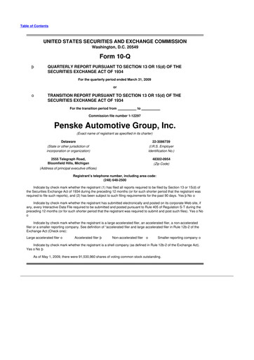 Thumbnail Penske Automotive Group 10-Q Quarterly Report FY 