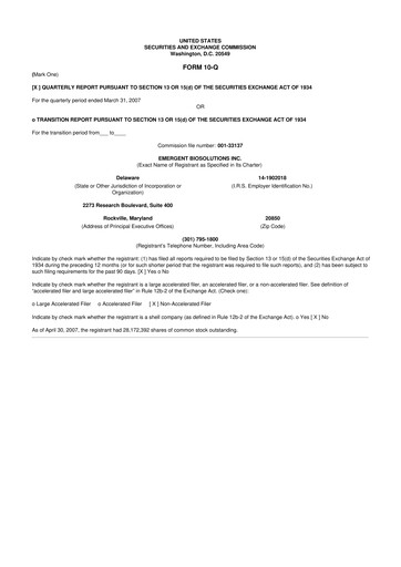 Thumbnail Emergent BioSolutions
 10-Q Quarterly Report FY 