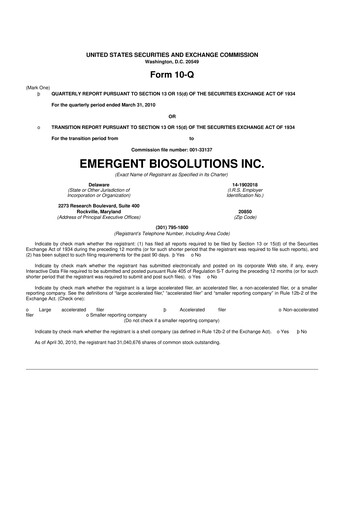 Thumbnail Emergent BioSolutions
 10-Q Quarterly Report FY 