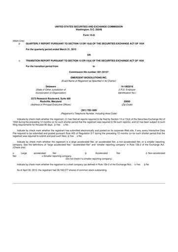 Thumbnail Emergent BioSolutions
 10-Q Quarterly Report FY2012 