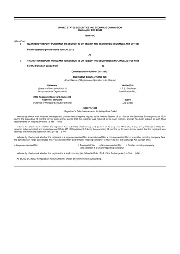 Thumbnail Emergent BioSolutions
 10-Q Quarterly Report FY2012 