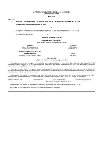 Thumbnail Emergent BioSolutions
 10-Q Quarterly Report FY2012 