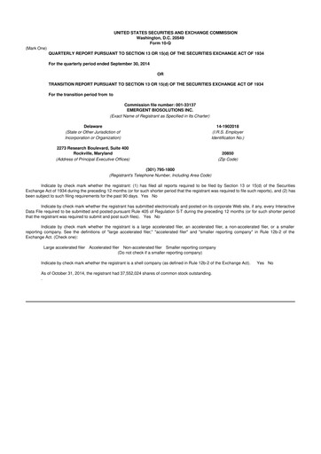 Thumbnail Emergent BioSolutions
 10-Q Quarterly Report FY2014 