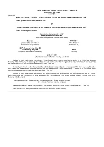 Thumbnail Emergent BioSolutions
 10-Q Quarterly Report FY2015 