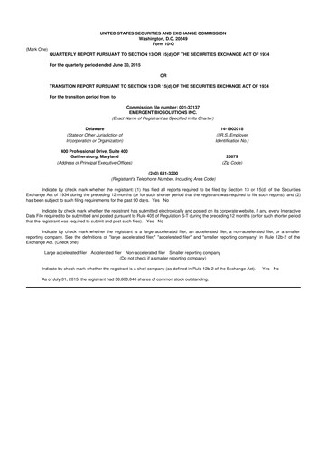 Thumbnail Emergent BioSolutions
 10-Q Quarterly Report FY2015 