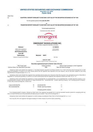 Thumbnail Emergent BioSolutions
 10-Q Quarterly Report FY2019 