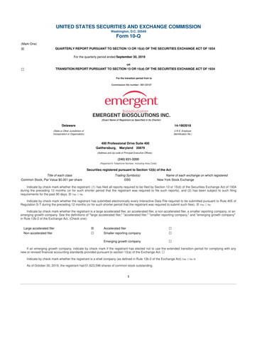 Thumbnail Emergent BioSolutions
 10-Q Quarterly Report FY2019 